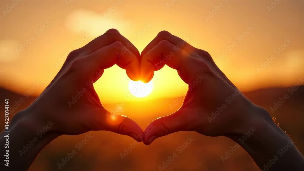 A pair of hands forming a heart shape against a beautiful golden sunset, with the warm, glowing light casting a serene and romantic atmosphere.	