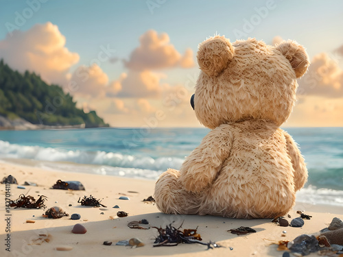 A plush teddy bear sits on the beach watching the ocean at sunset. 