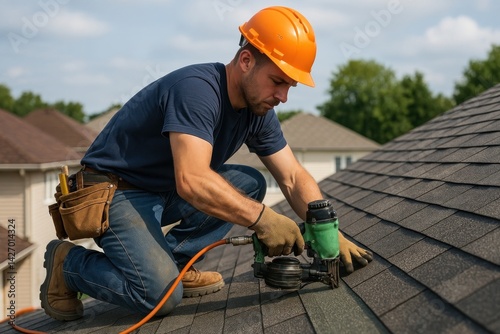 Professional roofer using nail gun.