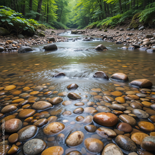 Vibrant pebbles shimmer beneath crystal-clear water as a gentle stream flows from a distant waterfall, cradled by lush green forest.