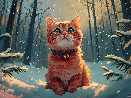 A stylized cat sitting in a snowy forest with glowing eyes, wearing a bell collar.