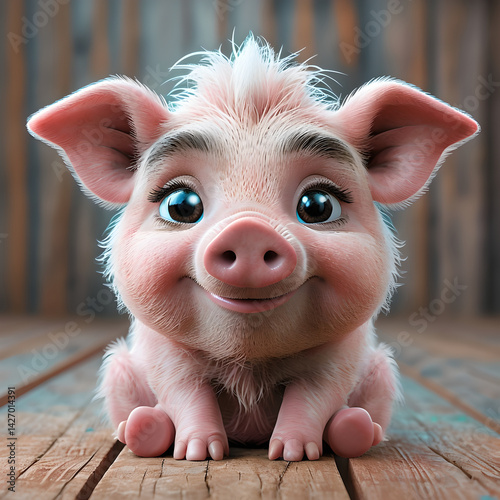 A super cute 3D-rendered piglet with a joyful expression. 