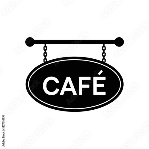 A black sign displays the word CAFE in bold letters, suspended by chains from a horizontal bar