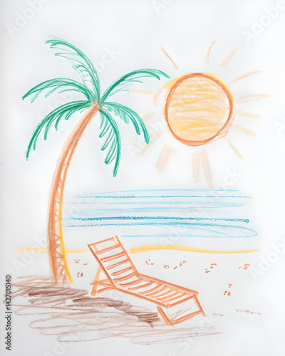 A charming crayon drawing of a tropical beach with a palm tree, sun, and ocean. 