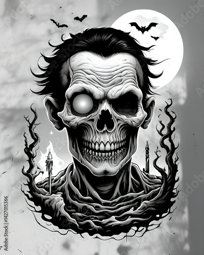 A haunting illustration of a grinning skeleton with glowing eyes, framed by dark tendrils and a full moon in the background.