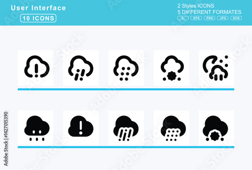 Set of 5 solid user interface icons,cloud, check, disabled, download, drizzle