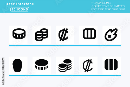 Set of 5 solid user interface icons,coffee, beans, pot, coffin, cross, coin