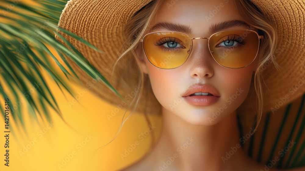 Stylish caucasian woman in hat and yellow sunglasses and palm leaves around on orange background