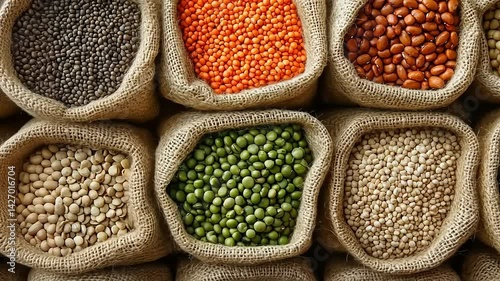 Assortment of Legumes, Lentils and Beans in Burlap Sacks, A Staple of Global Cuisine