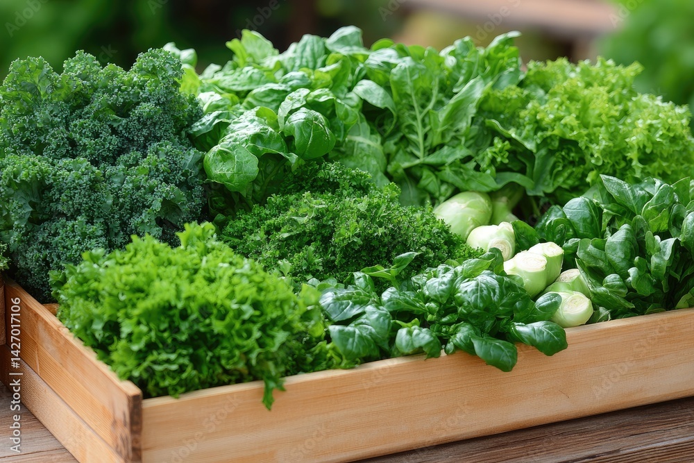 Fresh leafy green vegetables in wooden crate organic food healthy diet ingredients nutrition raw vegan gardening agriculture Fresh leafy green vegetables in wooden crate organic food healthy diet ingredients nutrition raw vegan gardening agriculture