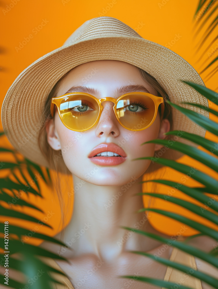 Stylish caucasian woman in hat and yellow sunglasses and palm leaves around on orange background