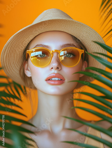 Obraz na płótnie Stylish caucasian woman in hat and yellow sunglasses and palm leaves around on orange background
w salonie