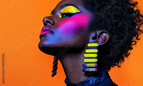 Woman with bright makeup, vibrant eyeshadows, and statement earrings on orange background