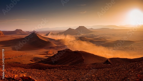 dust storm on mars sunset on mars martian landscape with craters