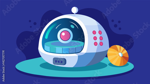 A futuristic pet bed with a builtin camera that allows you to check in on your pet remotely and even dispense treats while youre away.. Vector illustration