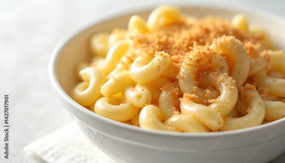 Bowl of creamy mac and cheese with golden breadcrumb topping. Pasta dish served on white background, perfect for menu, advertising or culinary blog. Macaroni, cheese, comfort food. Bowl of creamy mac and cheese with golden breadcrumb topping. Pasta dish served on white background, perfect for menu, advertising or culinary blog. Macaroni, cheese, comfort food.