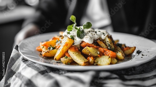 Patatas Bravas Spicy Potatoes Potatoes scattered over bullfighting cape only the fiery orange bravas sauce in color capsaicin for metabolism Cape and plate in black and white