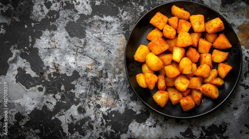 Patatas Bravas Spicy Potatoes Potatoes scattered over bullfighting cape only the fiery orange bravas sauce in color capsaicin for metabolism Cape and plate in black and white