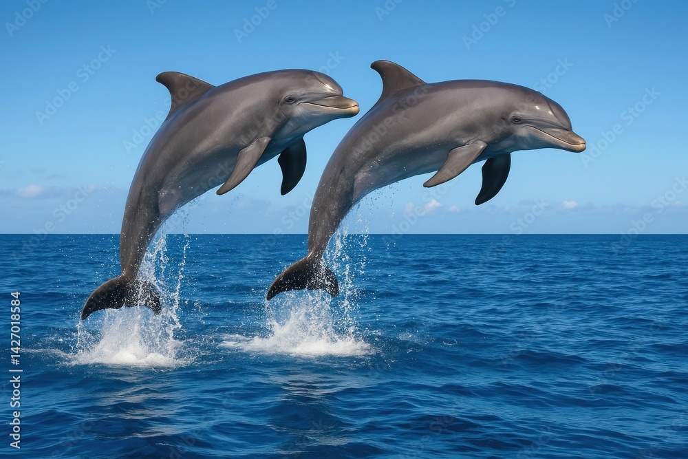 Naklejka premium Dolphins leaping ocean joyfully.