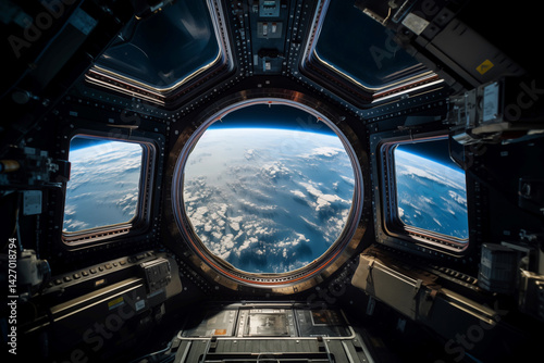 La Terre vue depuis par la coupole (cupola) d'une station spatiale en orbite basse.
