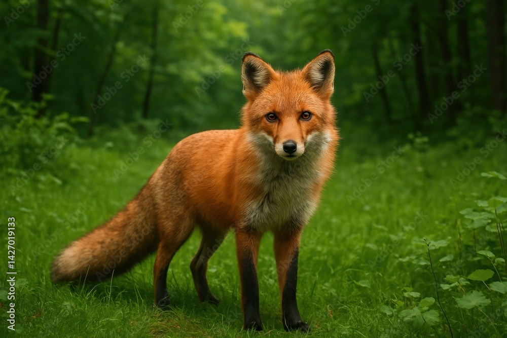 Fototapeta premium Fox in lush forest setting.