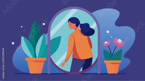 A person looks in the mirror forgiving themselves for past mistakes and embracing the stoic principle of selfcompassion and growth.. Vector illustration