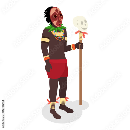 3D Isometric Flat Vector Illustration of African Shaman, Indigenous Tribe Member. Item 4