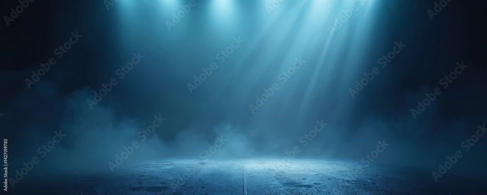 Abstract blue light rays illuminate foggy dark space with spotlight on empty asphalt floor. Scene creates mysterious atmosphere for product presentation branding concepts. Modern art minimal design. Abstract blue light rays illuminate foggy dark space with spotlight on empty asphalt floor. Scene creates mysterious atmosphere for product presentation branding concepts. Modern art minimal design.