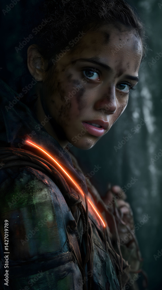 Obraz premium Portrait of a girl surviving and escaping from scary zombie in post apocalyptic world