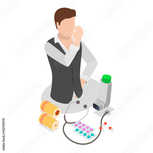 3D Isometric Flat Vector Illustration of Bronchial Asthma, Inhalation Medicine. Item 4