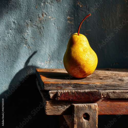 A ripe yellow pear, speckled with brown spots, rests on a worn wooden table against a muted blue-gray wall The scene is bathed in soft natural light, captured from an elevated perspect - AI-Generated photo