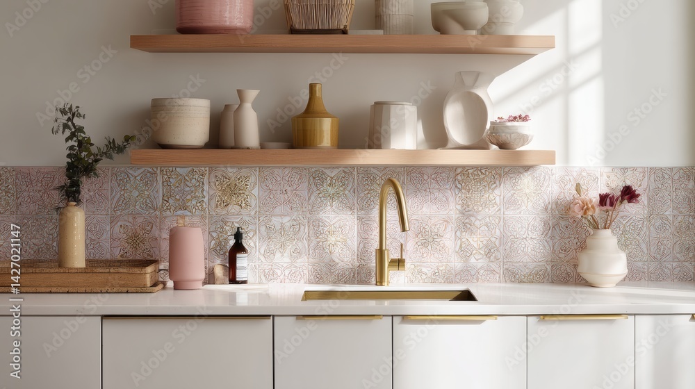 Fototapeta premium Delicate mandala backsplash design enhances pastel modern kitchen ambiance