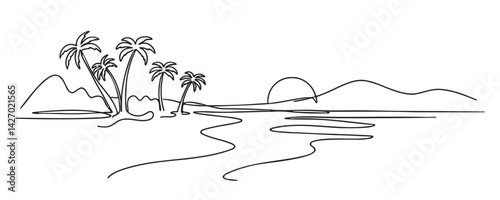 Beach panorama in continuous single line style. Sunset with coconut palm and sea. Vector illustration.