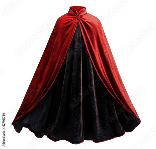 Vampire’s red cape with dramatic folds, isolated on transparent cutout background