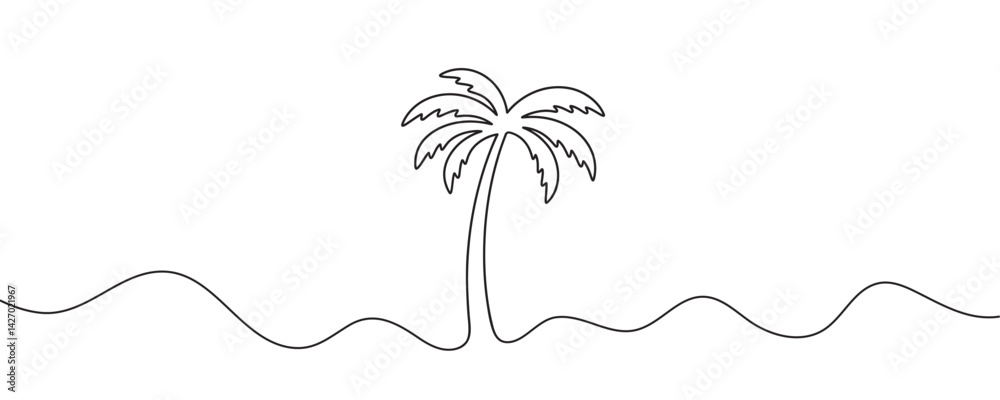 Naklejka premium Palm tree, continuous one line drawing of tropical palm tree. Isolated on white background vector illustration.