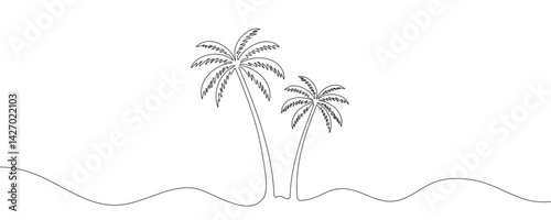 Palm trees, continuous one line drawing of tropical palm trees. Isolated on white background vector illustration.