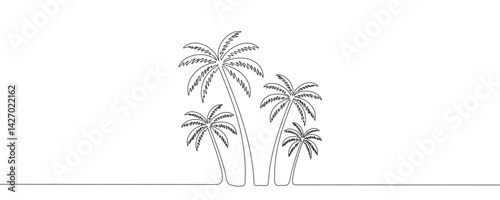Palm trees, continuous one line drawing of tropical palm trees. Isolated on white background vector illustration.