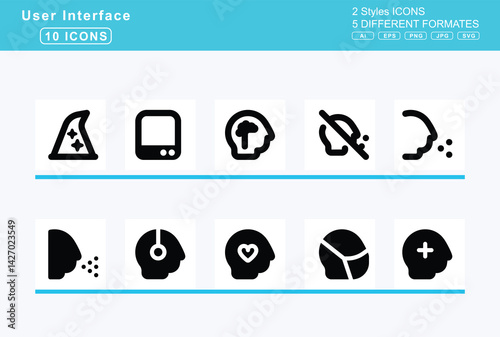 Set of 5 solid user interface icons,hat, chef, santa, witch, wizard, hdd