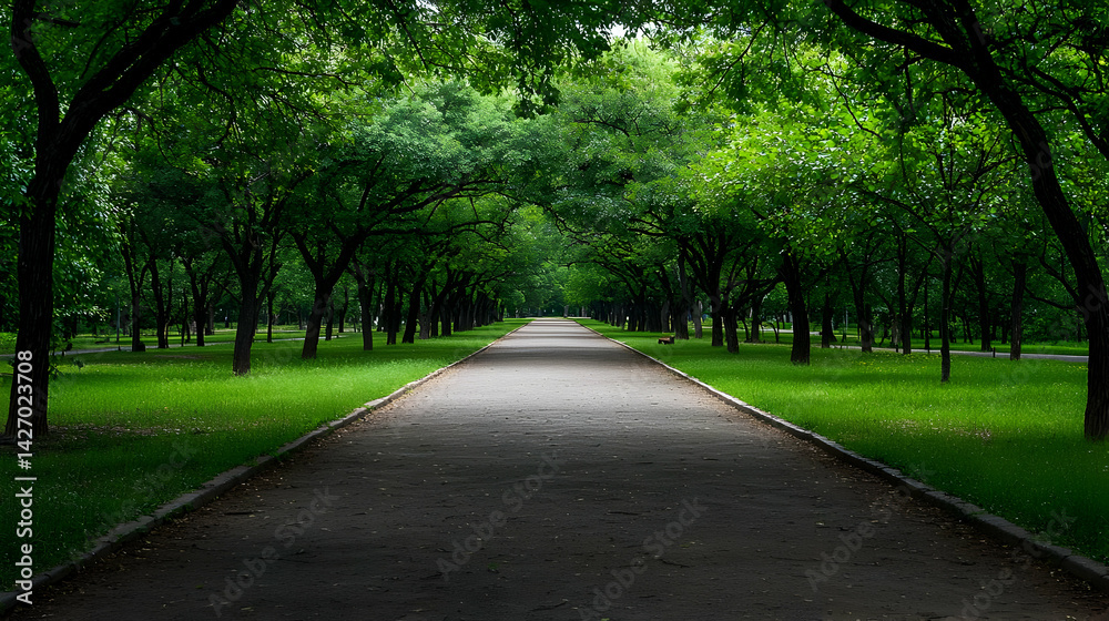 Park Path Lined With Lush Green Trees Park Path Lined With Lush Green Trees