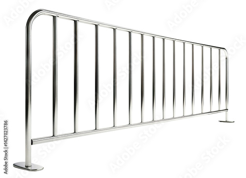 Metallic crowd control barrier with vertical bars, isolated on transparent cutout background