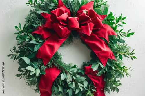 A lush evergreen Christmas wreath adorned with a magnificent crimson velvet bow, exuding festive cheer and holiday elegance against a simple white backdrop.