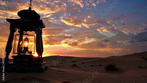 Desert Sunset: Illuminated Lantern in Golden Sands