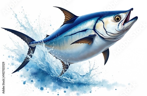 AI-generated illustration of albacore tuna jumping out of water. Blue fish splashes, dynamic motion, freedom against white background. Artwork represents marine life, fishing, sports, adventure, food