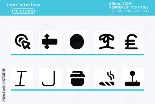 Set of 5 solid user interface icons,inhaler, input, numeric, pipe, text, interactive