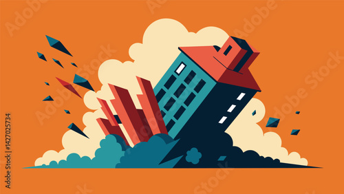 The next image shows a section of the building collapsing in on itself creating a cloud of dust and debris.. Vector illustration