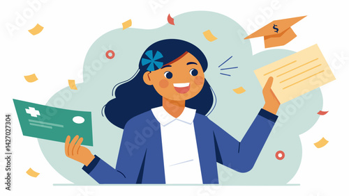 A young professional eagerly looks over her first paycheck only to let out a sigh of disappointment when she realizes how much of it will go towards. Vector illustration