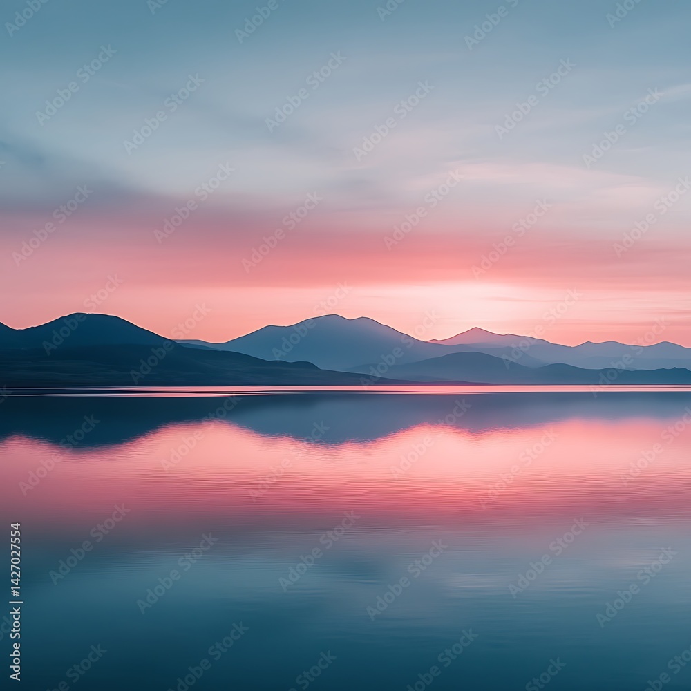 Fototapeta premium Tranquil lake sunset with vibrant sky and peaceful mountain view high resolution picture