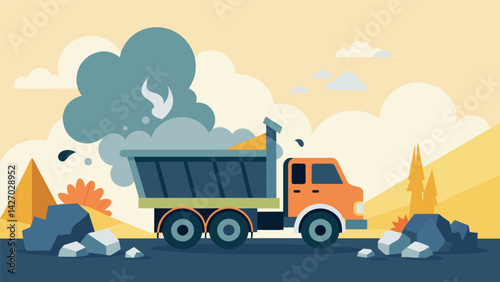 Clouds of smoke and exhaust engulf the scene as a dump truck hauls away rubble and debris.. Vector illustration