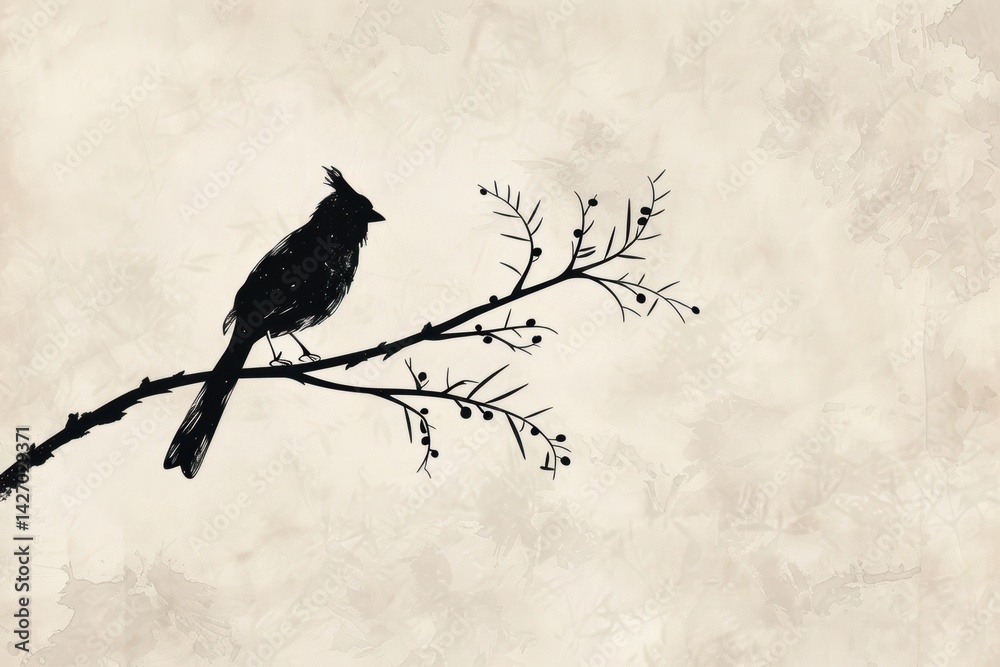 Minimalistic Black and White Cardinal Silhouette on Branch for Artistic Design and Print