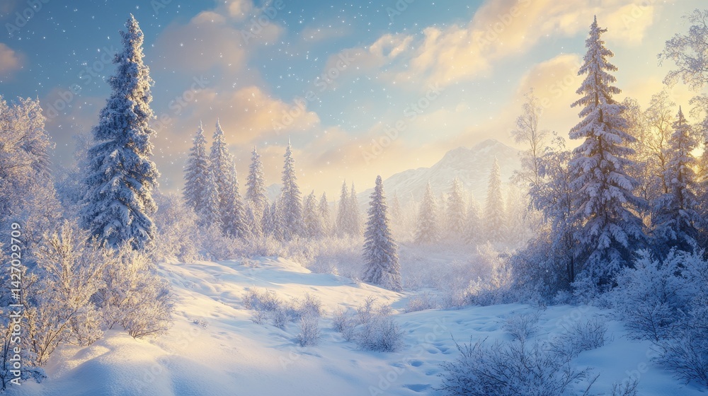 Serene winter landscape with snow-covered trees and distant mountains at sunrise